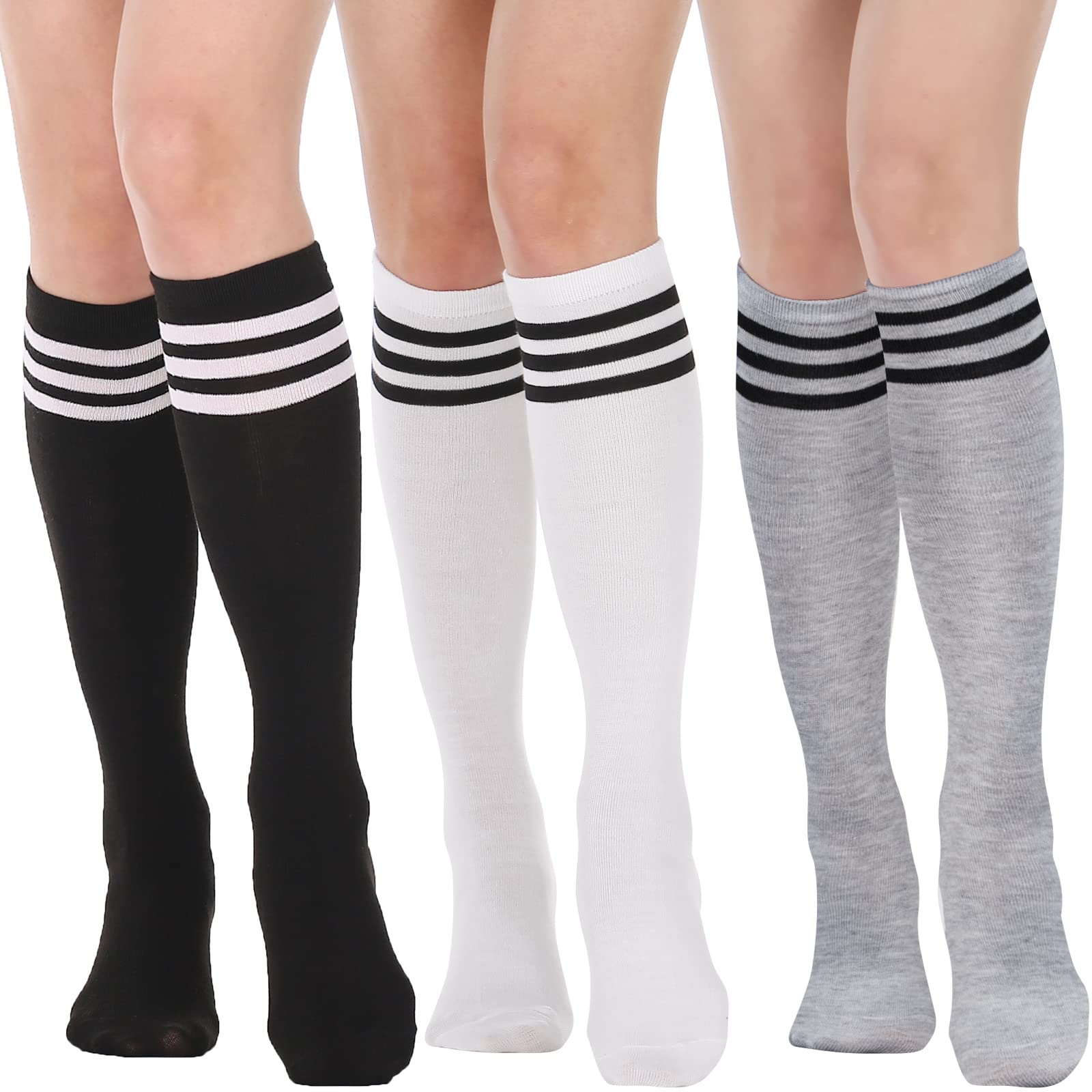 3 Pairs Cotton Knee High Socks for Women Solid Knit Knee Long Stocking Leg Warmer All Season Gift