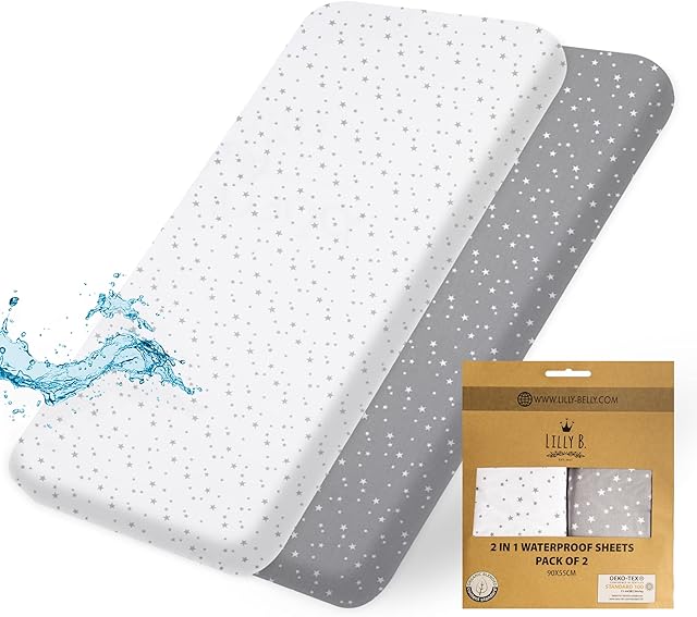 Lilly B. Organic Cotton GOTS 2in1 Pack of 2 Waterproof Baby Cot Sheets, Used Instead of Mattress Protector, Compatible with, Next2me, Snuzpod and All Bedside Cribs, Bassinets up to 90x55cm (Stars)