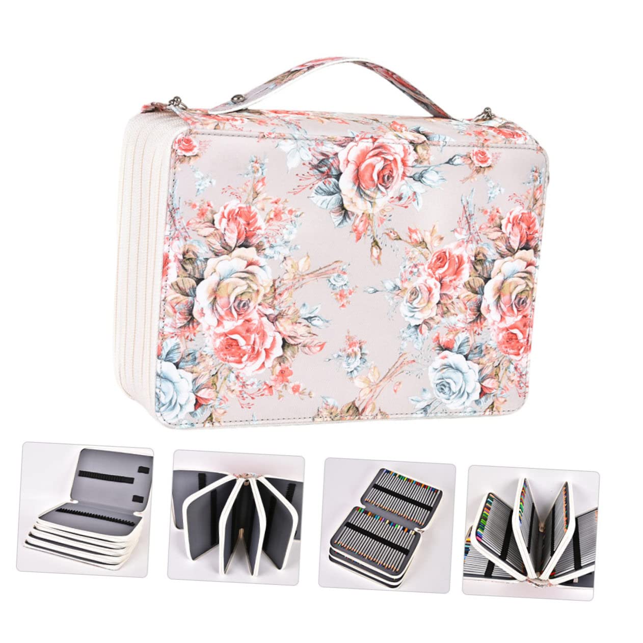 Estuche para Lápices Compartimentos Diseño De Rosas Asa para Llevar Gran Capacidad para Guardar Obras De Arte y Lápices De Colores