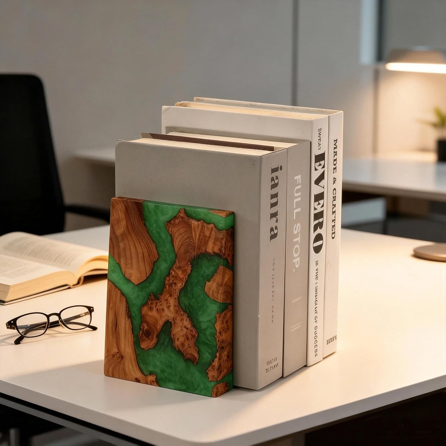 Glow in The Dark Green Resin Bookends, Burl Wood Book Ends for Shelves – Unique Luminous Book Organizer for Office Desk, for Book Lovers (Luminous Green)
