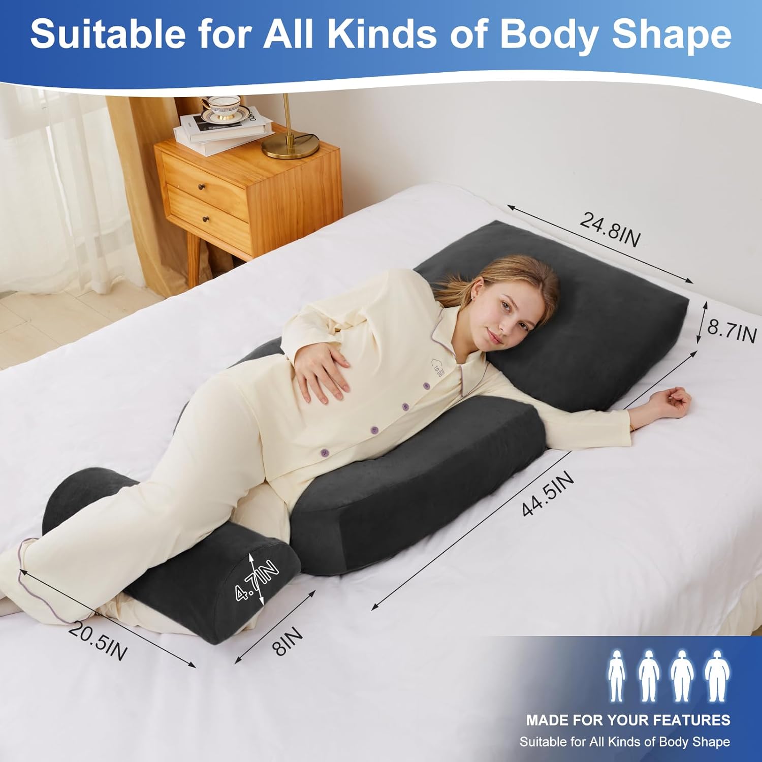 Pregnancy Pillows for Sleeping, 44.5 Inch Pregnancy Massage Pillow Full Body Pillow with Leg Pillow & Removable Cover - Support for Back, Legs, Belly, HIPS for Pregnant Women (Black)