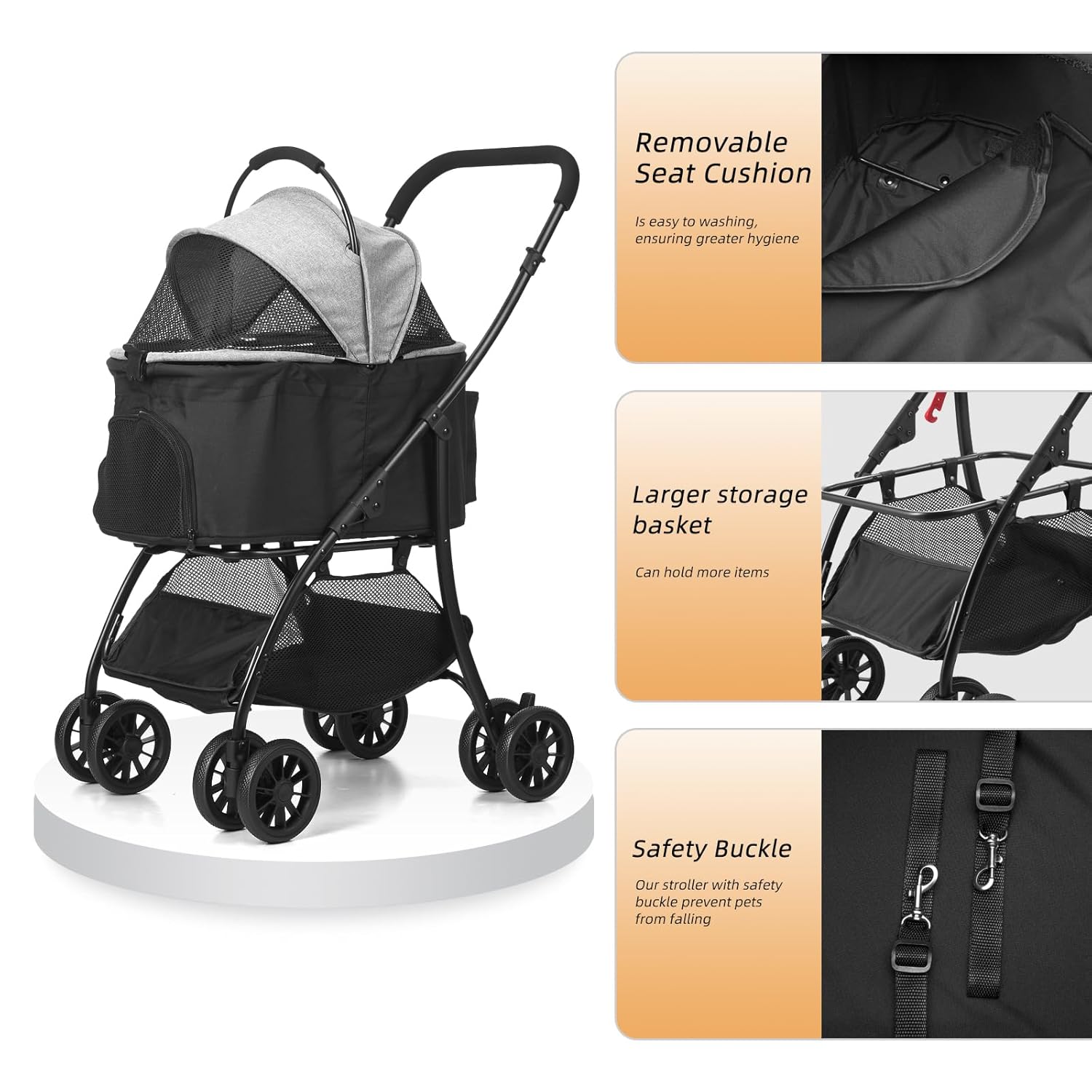 Pet Stroller Quickly Folds for Easy Storage Cat Stroller with Detachable Carrier Thickened Oxford Cloth Breathable Basket Dog Strollers for Small Dogs (Grey)