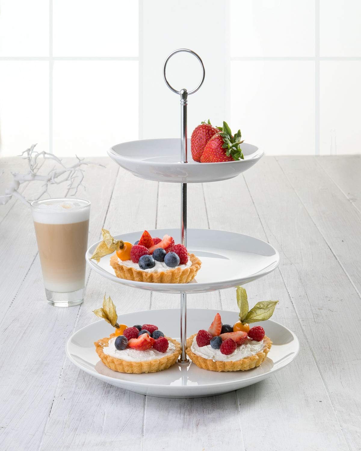 Etagere mit 3 Etagen und Tragegriff - Weiß - Porzellan - Metall - Ø 26,5 x H 37 cm - Servierplatte Servierständer Servierset