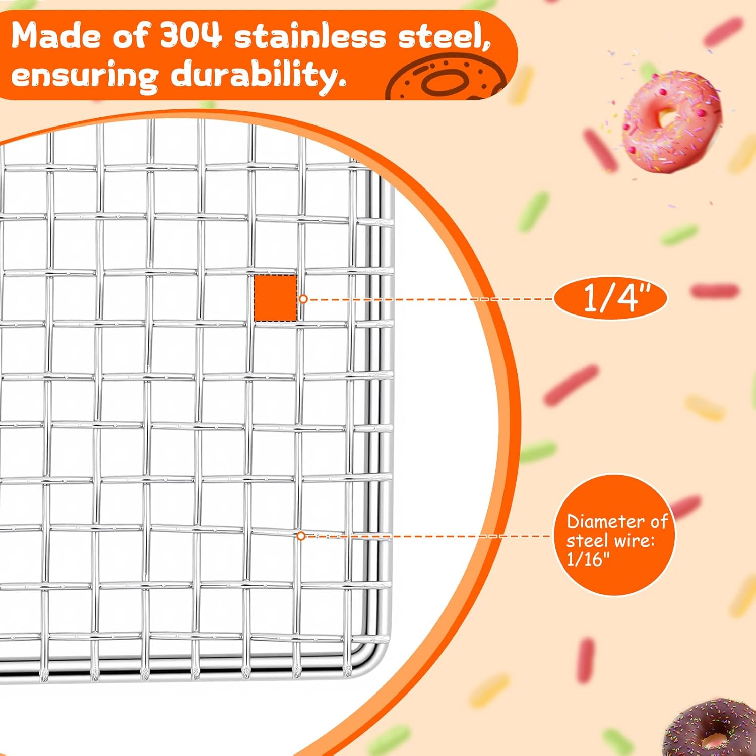 5 Pack 23 x 23 Inch Stainless Steel Bakery Screen, Heavy Duty Wire Cooling Grid for Donuts Bread Pastries, Commercial Baking Tray Insert for Frying Draining Glazing, Oven Safe Mesh Tray