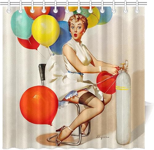 Miniatura 3 de FUNNY KIDS' HOME Retro Pin Up Girl - Cortinas de ducha para baño, pintura al óleo, arte de lienzo, decoración de baño, dama sexy, reparar un