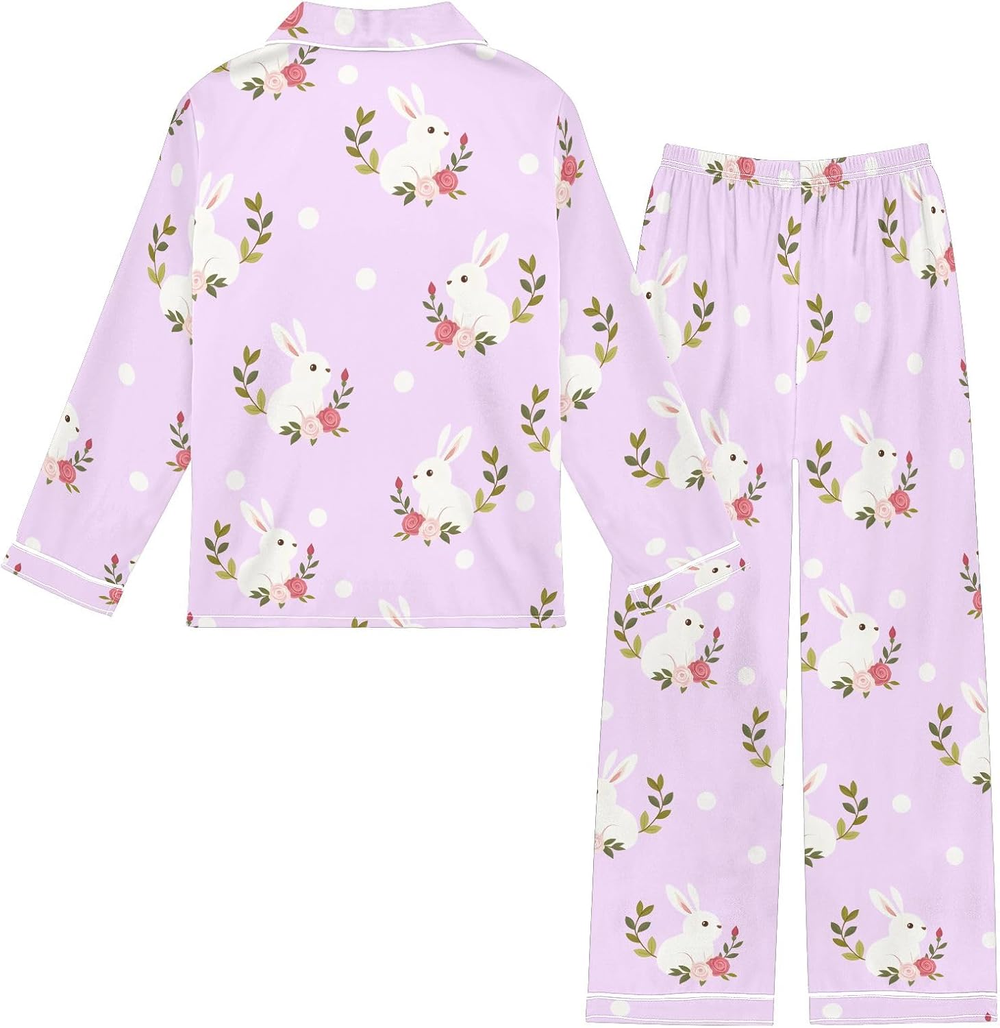 Kids Casual Satin Wear Set Rabbit Flower Dots Pattern Unisex Relaxed Fit Clothing