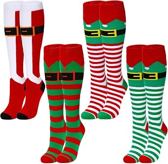 4 Pairs Christmas Knee High Sock Elf Socks Long Stocking For Women and Men Christmas Gifts
