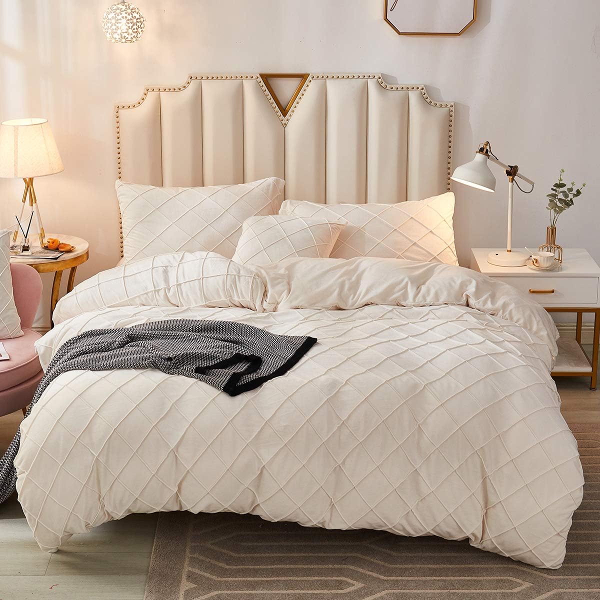 JAUXIO Diamond Pinch Pleated Crystal Velvet Bedding Set Solid Pintuck Duvet Cover with Pillow Shams for Home Decor Zipper Closure (Cream, Queen)