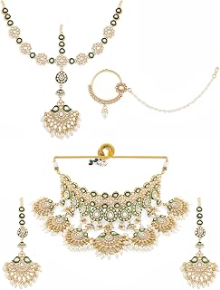 ZAVERI PEARLS Green Meenakari Kundan Bridal Necklace Earring Matha Patti & Nose Pin Set For Women-ZPFK21274 Price In India