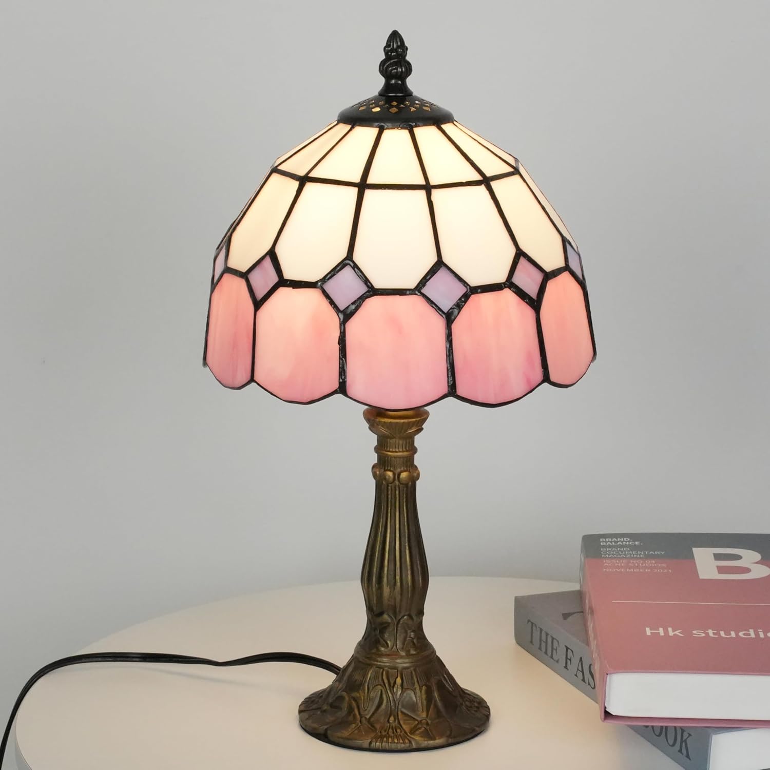 Skyblaze Tiffany Style Table Lamp, Stained Glass Desk Lamp, Vintage Night Light, 8 Inch Reading Light with Handmade Lampshade for Small Bedside Table Bedroom Living Room (Pink)