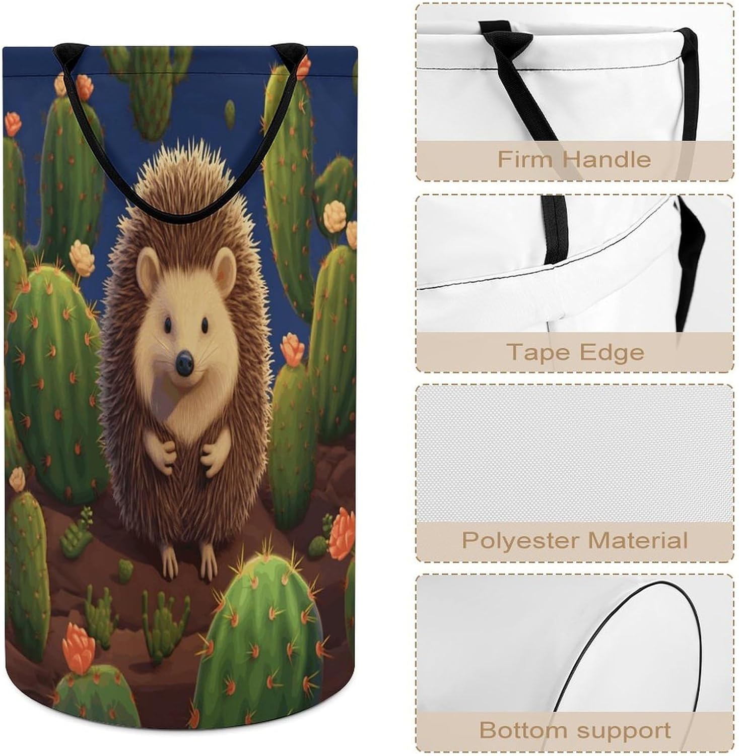 Large Laundry Basket Collapsible Dirty Clothes Basket with Carry Handles Portable Waterproof Freestanding Hedgehog Cactus Laundry Hamper for Bathroom Bedroom Laundryroom Dorms 86L
