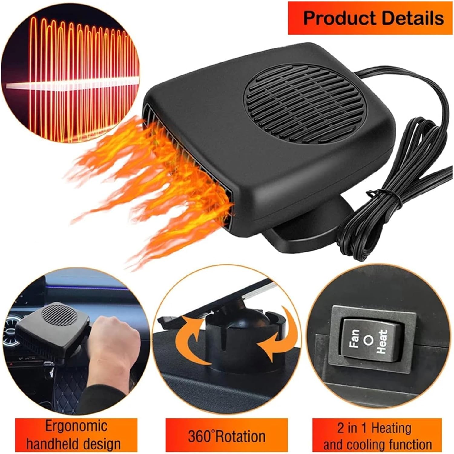 200W Car Heater Windshield 360 Degree Rotationdc Electrically Air Fan ABS Plug Portable Auto Electric