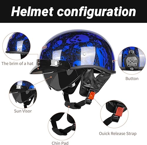 Miniatura 4 de Medio casco retro para motocicleta con visera retráctil para el sol, certificado por DOT, cascos de cara abierta vintage para hombres y mujeres para