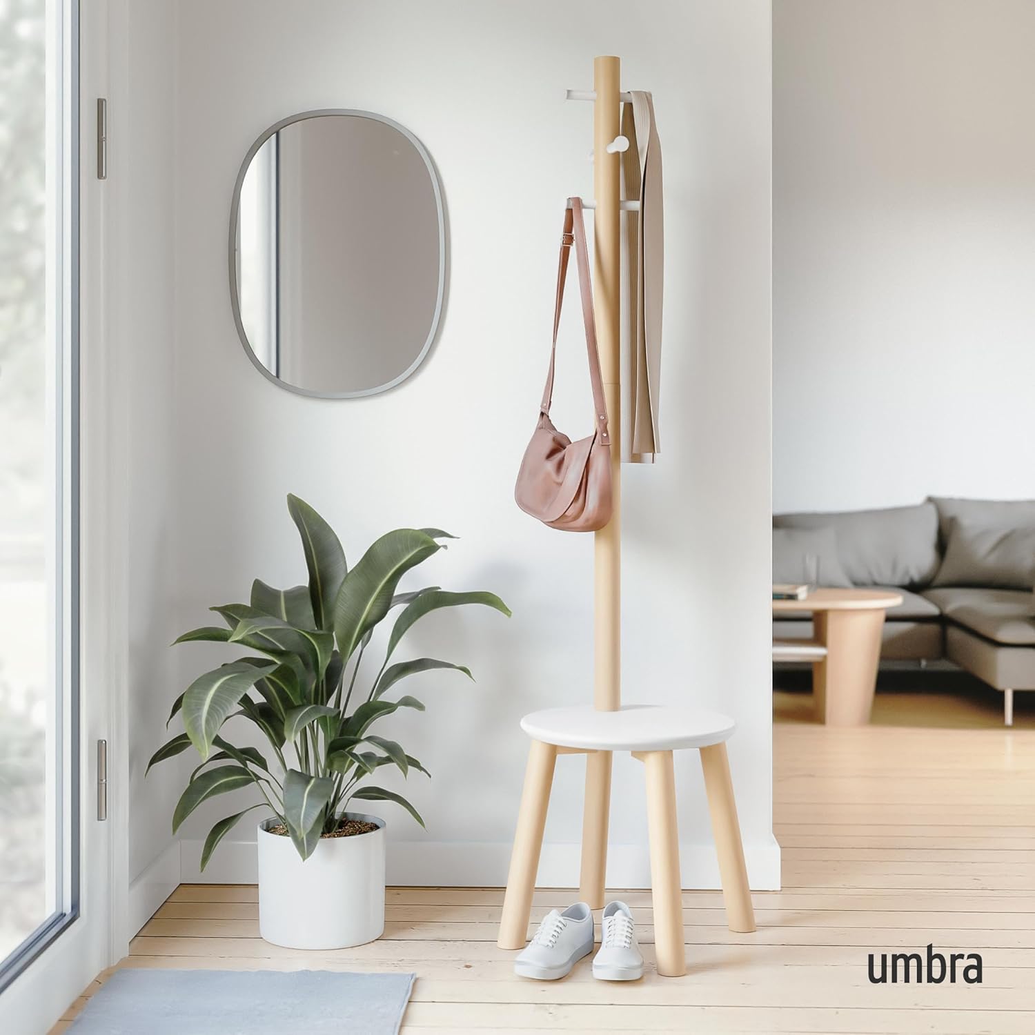 Umbra Pillar Coat Rack, Stool, Clothing Organizer, Umbrella Holder and Hat Organizer, Great for Entryway, White/Natural