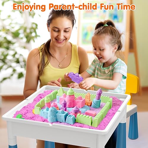 Miniatura 3 de Arscniek Mesa de actividades para niños pequeños 7 en 1, juego de mesas de actividades y sillas con 152 bloques de construcción grandes de mármol,