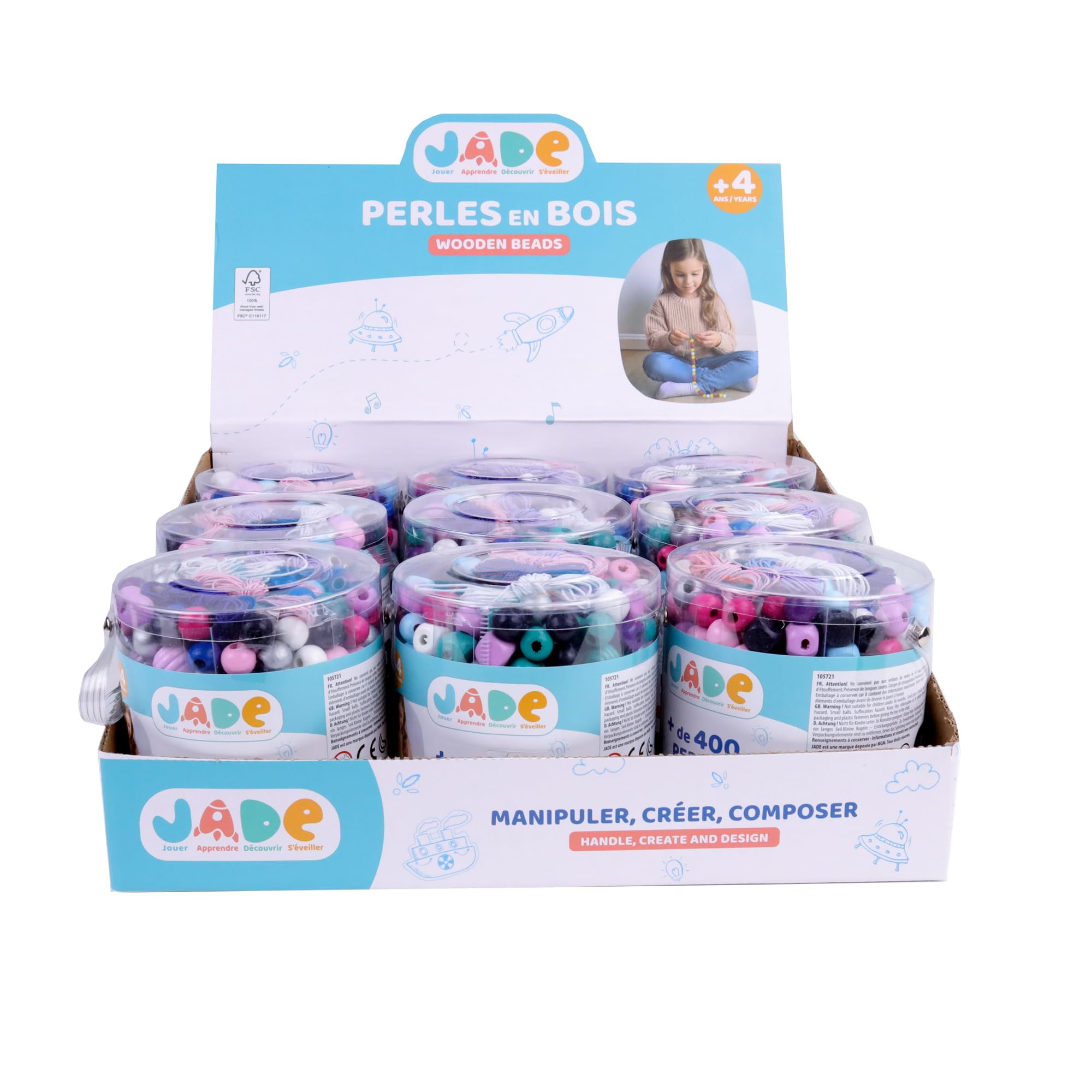 J.A.D.E - Pacco da 9 Set di 400 Perle - Hobby Creativo - 105721PA - Legno FSC - attività Manuali - Set - Adulti - Bambini - Regali - Compleanno - Eco-responsabile - A Partire dai 4 Anni