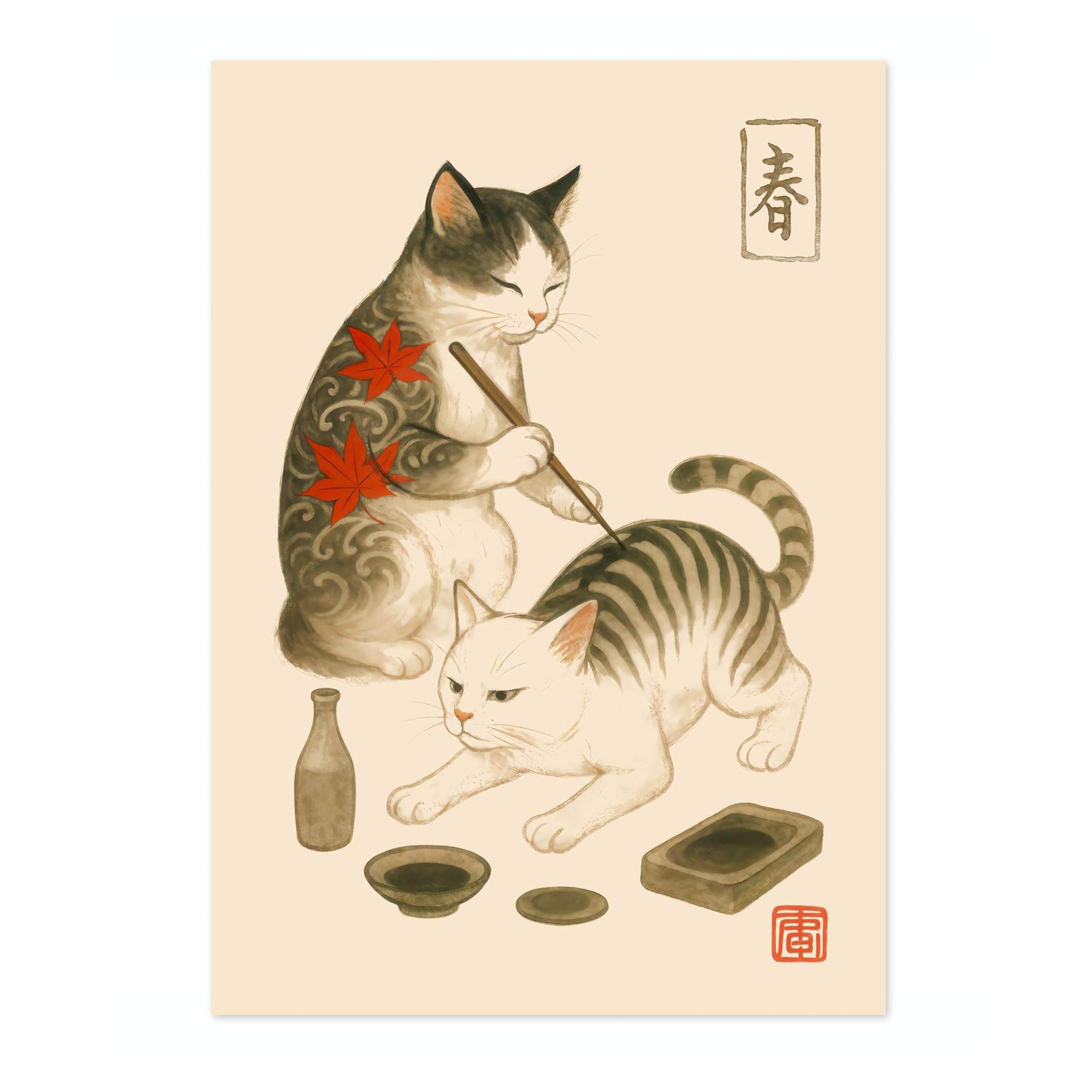 Animato Earning His Stripes Poster, Vintage Japanese Woodblock Cat Poster, Ukiyo-E Tattoo Wall Art, A4 (Print Only) - 29.7x21cm โ image 1