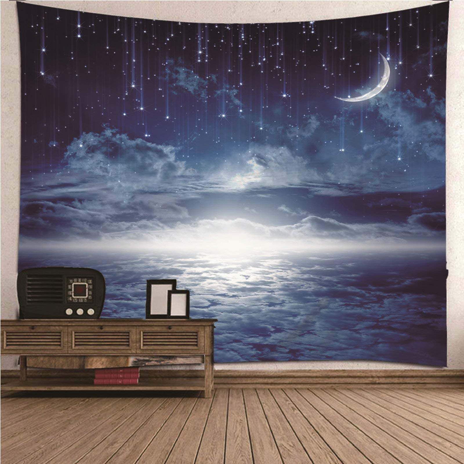 Tapiz de pared KnSam con patrón de luna 3D en poliéster azul de gran tamaño