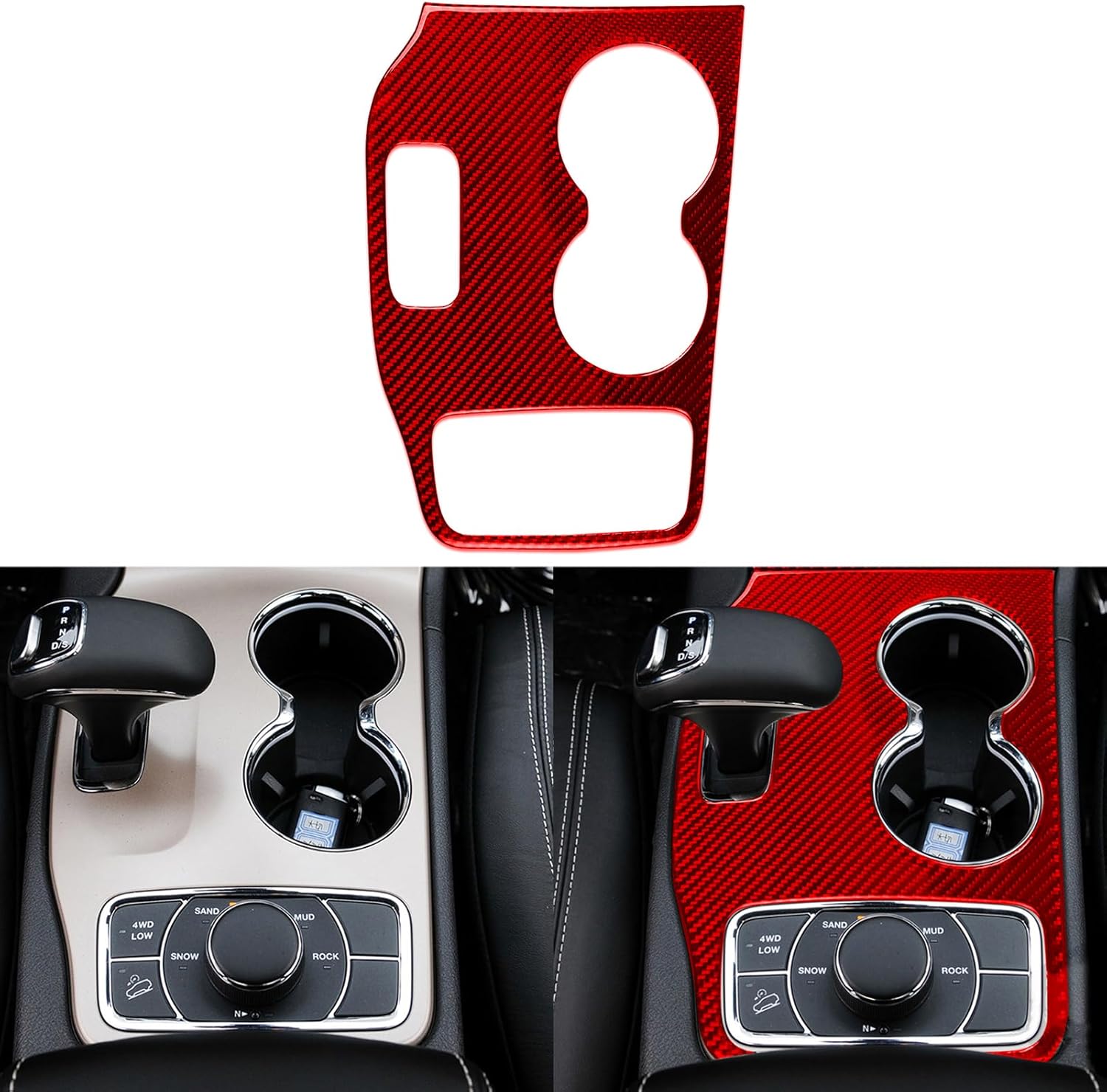 Real 3K Red Carbon Fiber Car Center Console Gear Shift Transmission Panel Cover Decoration Trim Sticker Compatible with Jeep Grand Cherokee WK2 2014-2015 Auto Interior Accessories-Type A