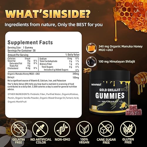 Miniatura 4 de Shilajit Gummies l Manuka Honey  Shilajit del Himalaya  Sin azúcar añadido I Ashwagandha, Gokshura  Ácido fúlvico y más de 85 minerales traza I para