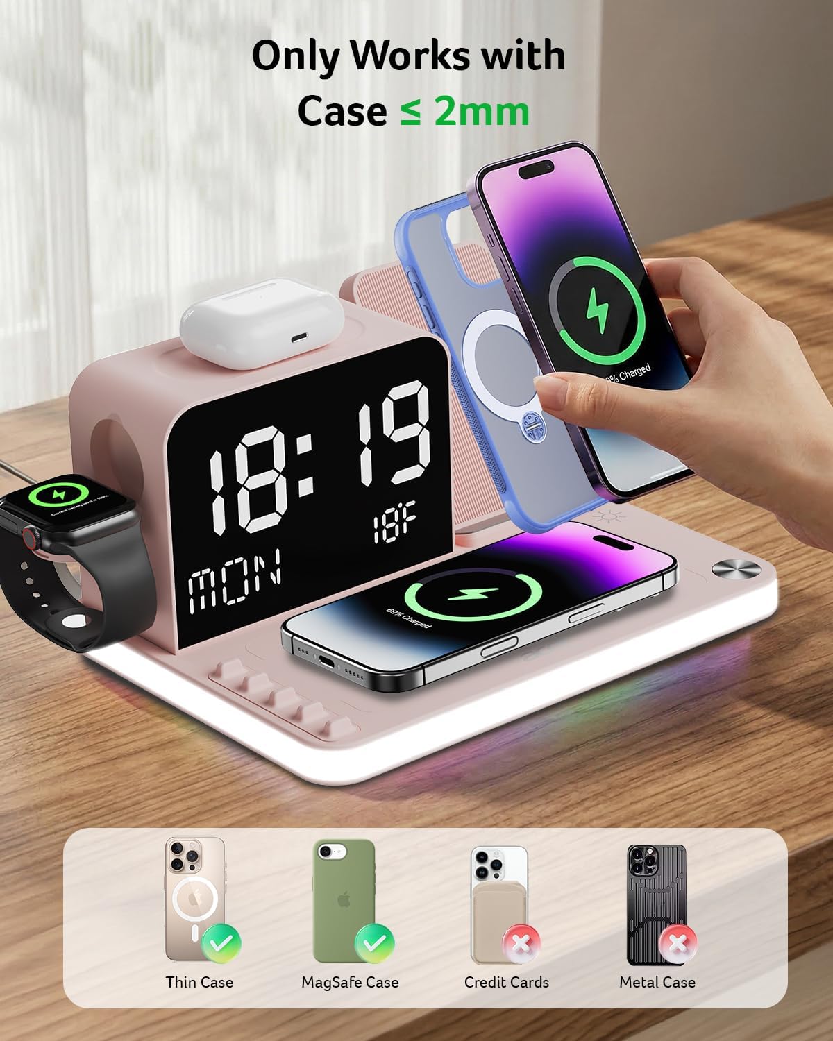 Acer 7-in-1 Wireless Charging Station with LED Clock - 30W Fast Wireless Charger for iPhone 16/15/14/13/12/Pro Max, Apple Watch, AirPods - Bluetooth Auto Time Sync & Night Lights (Pink)