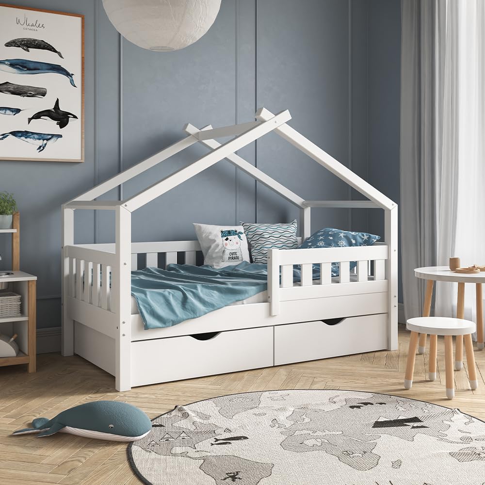 VitaliSpa Hausbett Design, Weiß, 80x160 cm | mit 2 Schubladen, geeignet als Spiel- und Schlafbereich für Kinder
