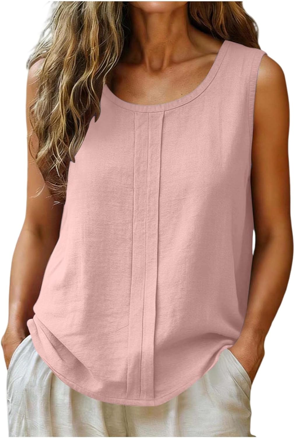 YRAETENM Linen Tank Tops for Women Dressy Casual Crewneck Pleated Blouses Summer Loose Lightweight Sleeveless Gauze Shirts