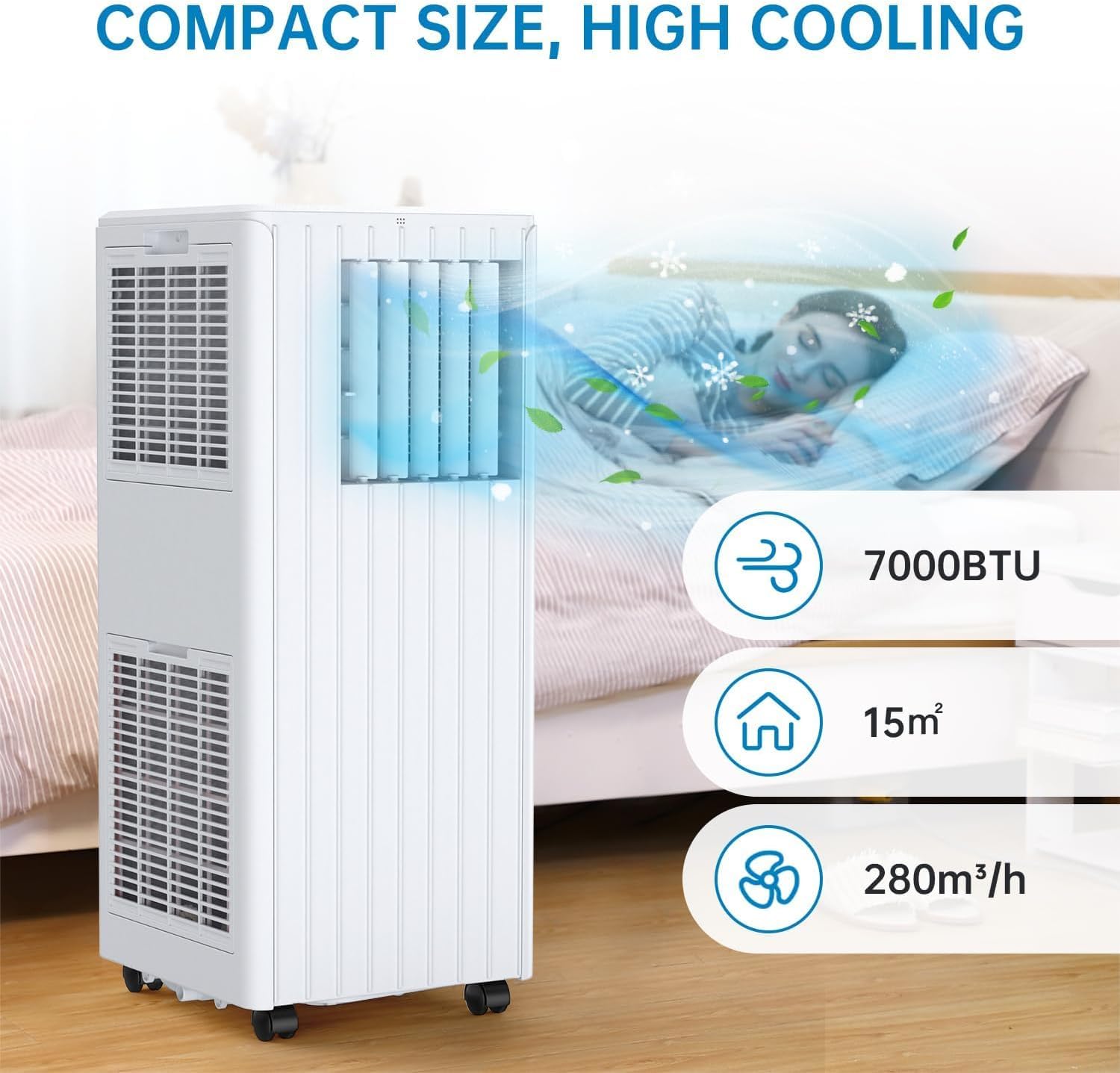Mobile Klimaanlage 7000 BTU 3-in-1- Kühlung, Entfeuchtung 36L/Tag & Ventilator | 24h-Timer, Schlafmodus, Fernbedienung | Geeignet für Räume bis 15 m² | Weiß