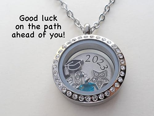 Custom Graduate Circle Floating Charm Locket Necklace, Stainless Steel Locket, Graduation Gift, Good Luck on the Path Ahead, Class of 2024 or Other