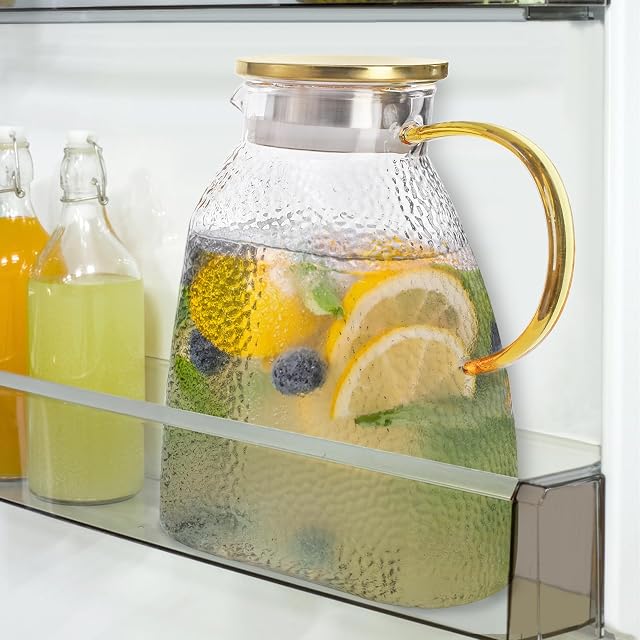 Hedume Pitcher d'eau de porte de réfrigérateur, 1.8 Liter/60oz Pitcher de réfrigérateur avec l'acier inoxydable or lis, haute borosilicate de verre Pitchcher de thé glacé étanche pour boissons chaudes ou froides