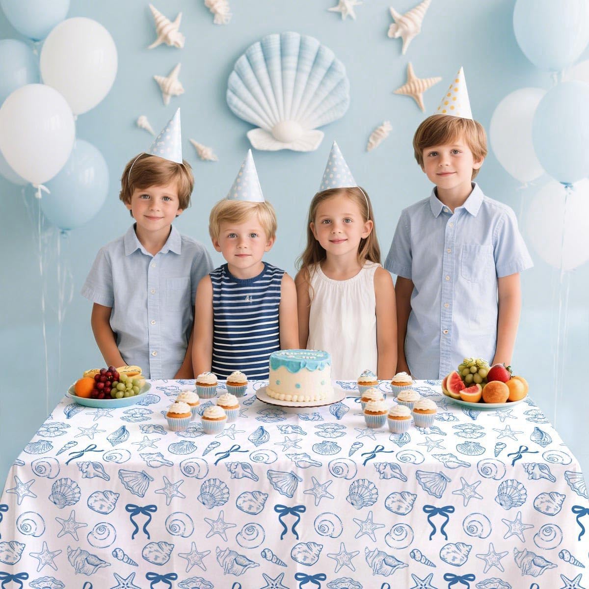 4 Pcs Beach Seashell Party Decorations Tablecloth, Last Toast on the Coast Bachelorette Table Cloth Seashells Beach Table Cover for Blue Bow Seashell Coastal Birthday Decor, 52 x 86 Inch image 4
