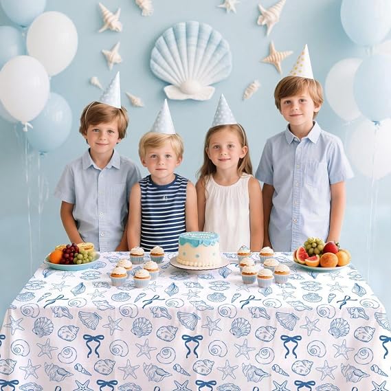 4 Pcs Beach Seashell Party Decorations Tablecloth, Last Toast on the Coast Bachelorette Table Cloth Seashells Beach Table Cover for Blue Bow Seashell Coastal Birthday Decor, 130 x 220 cm