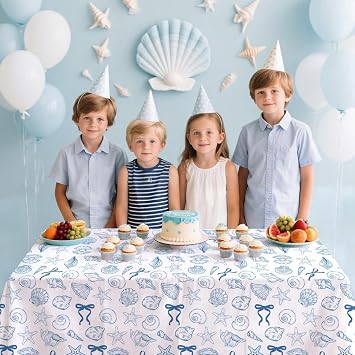 4 Pcs Beach Seashell Party Decorations Tablecloth, Last Toast on the Coast Bachelorette Table Cloth Seashells Beach Table Cover for Blue Bow Seashell Coastal Birthday Decor, 130 x 220 cm