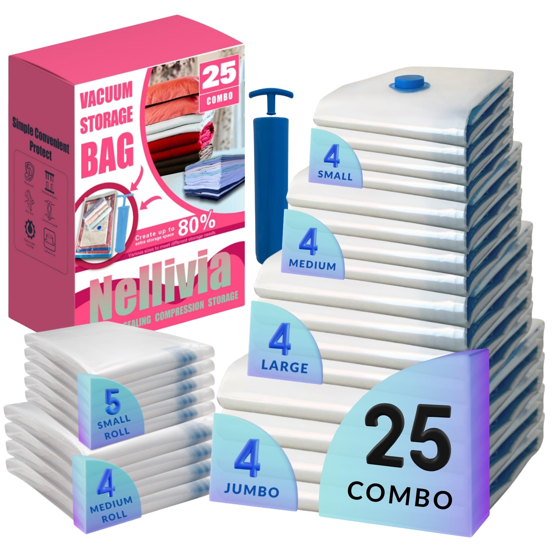 Vacuum Storage Bags with Hand Pump, Vacuum Seal Space Saver Bags, 25 Combo