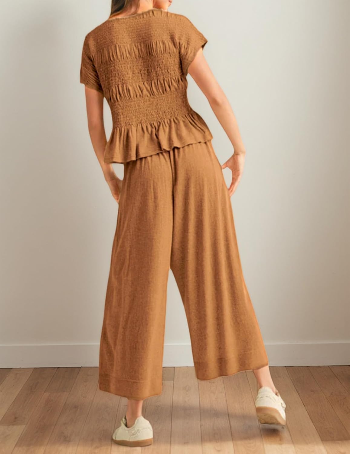 Womens 2 Piece Smocked Top Wide-Leg Pants Set Boho Outfits With Pockets Casual Ruffle High-Waisted Matching - Image 3