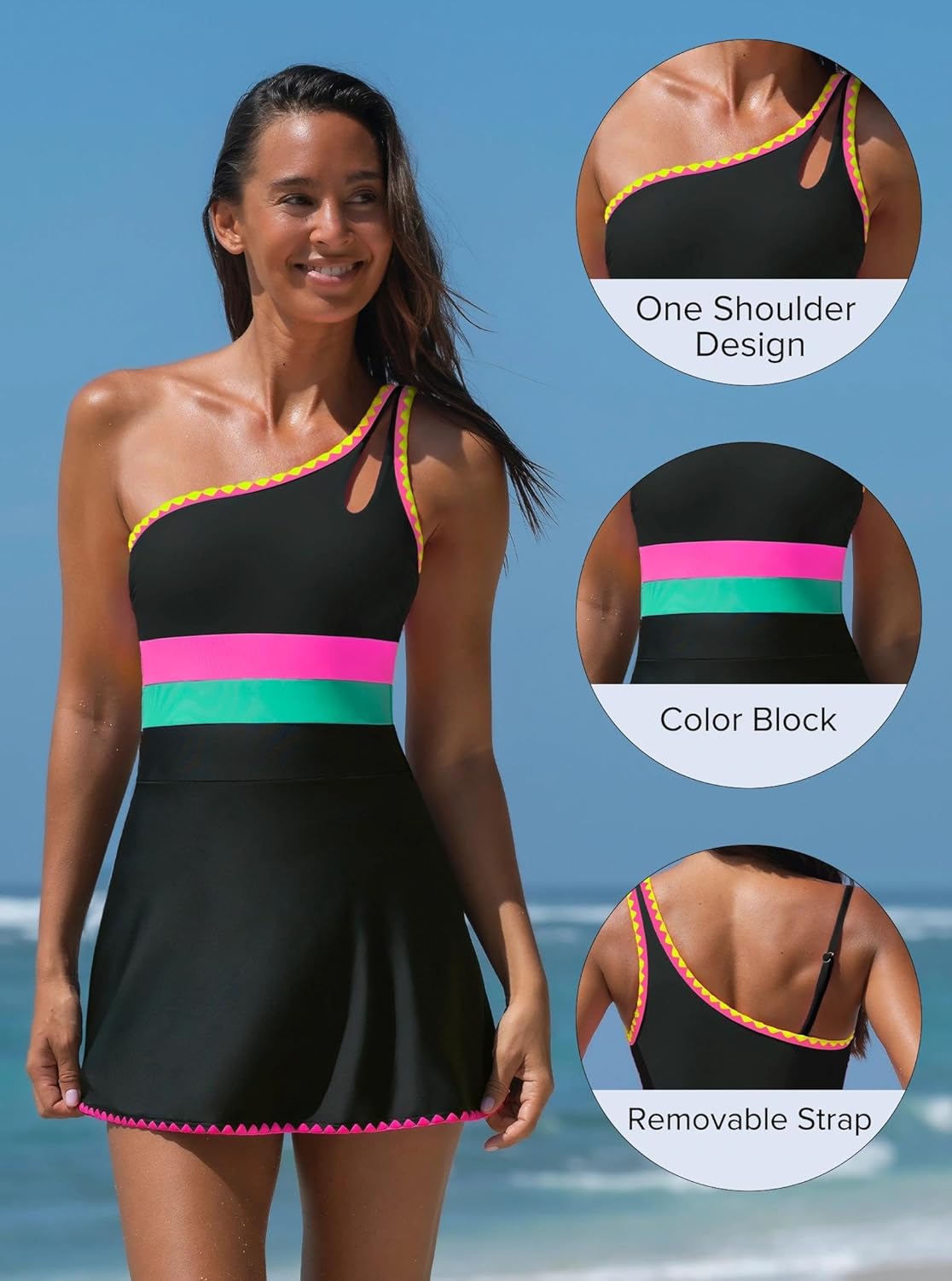 popvil Women One Shoulder One Piece Swimsuit 2026 Tummy Control Swim Dress with Skirt Neon Bathing Suit - Image 4