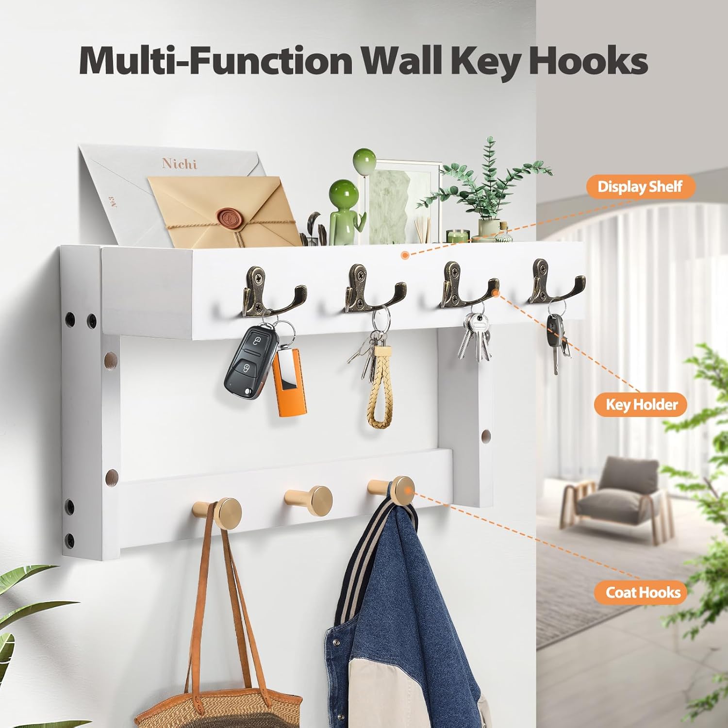Key Holder Wall Mount with Shelf, 4 in 1 Coat and Key Hanger with Metal Hooks, Entryway Wall Mounted Shelf with Mail Holder for Living Room, Bedroom (White)