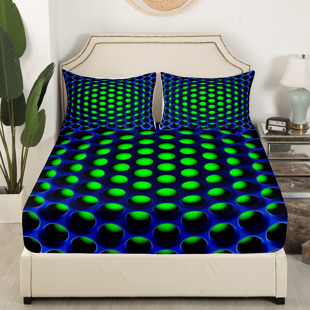 Erosebridal Navy Blue Green Boys Bedding Set Full Neon Geometric Kids Fitted Sheet,Teen Men Retro 3D Abstract Honeycomb Bed Sheets Geometry Beehive Bed Set,2 Pillow Cases
