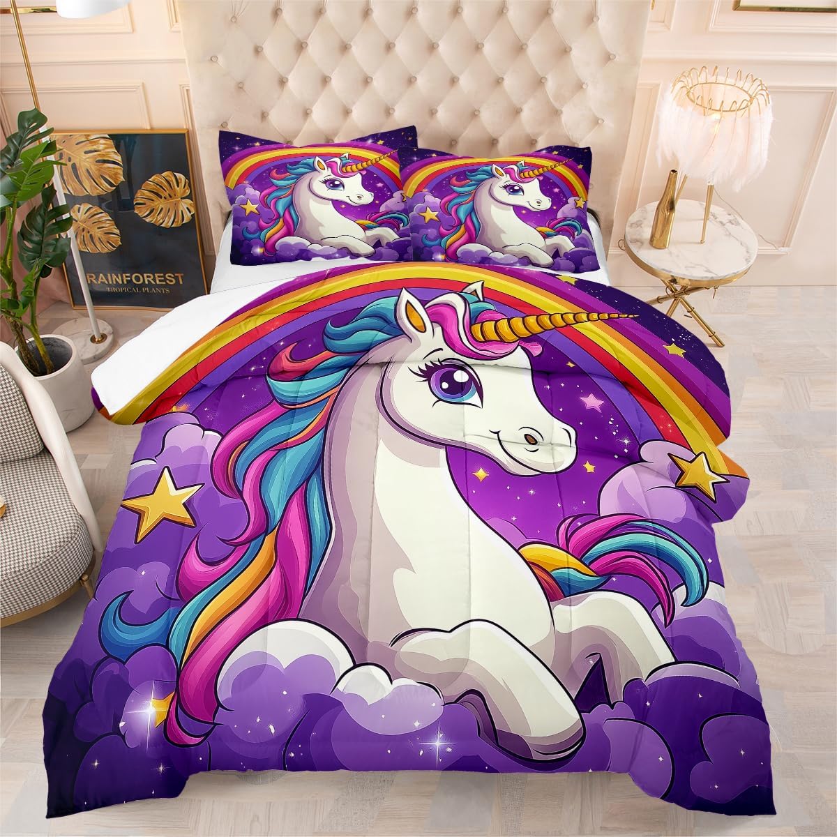 Twin Size 3D Comforter Set Purple Unicorn Rainbow Comforter Set Comforter Set with Decorative Pillows, All Season, Twin Size