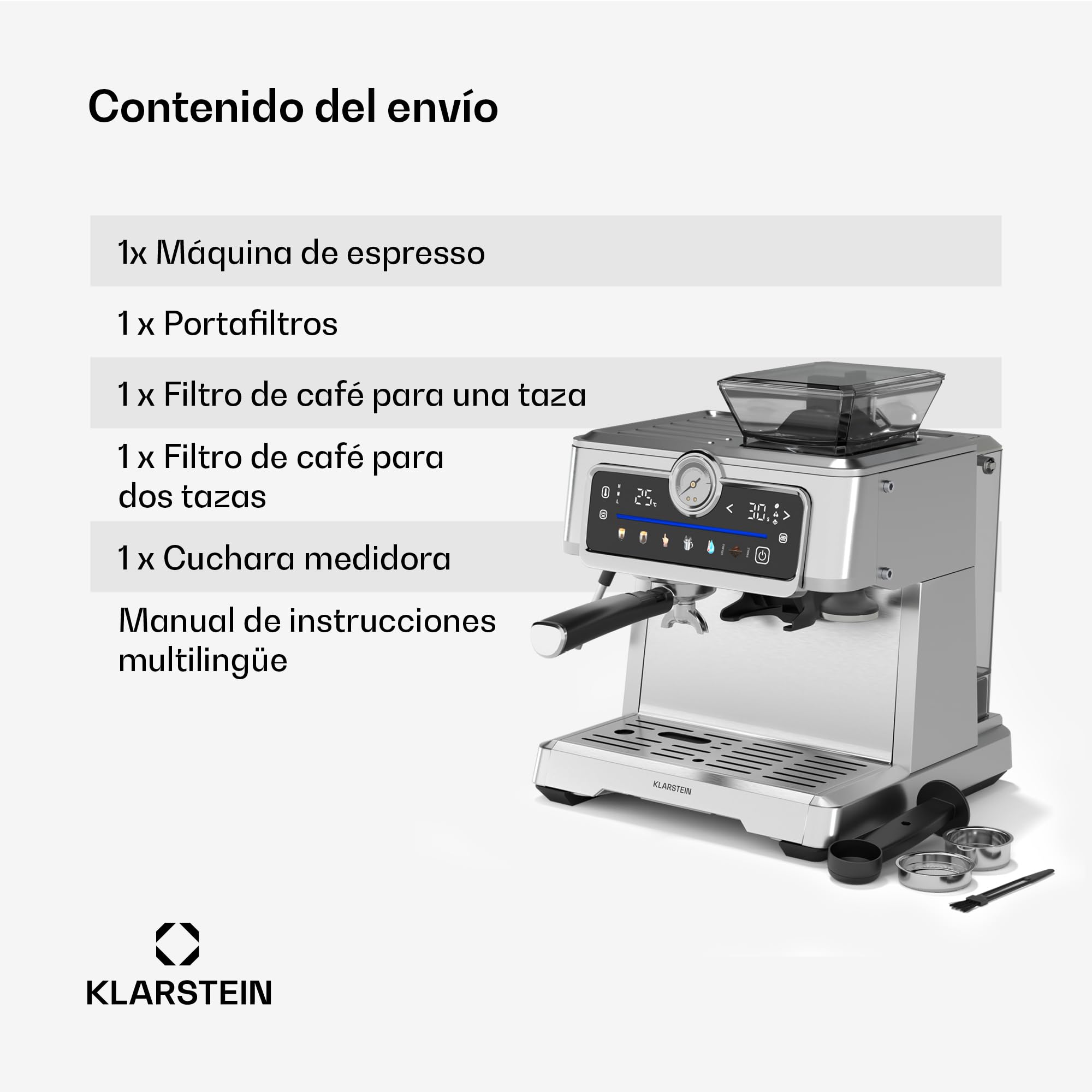 Klarstein GrandPresso Touch Cafetera Exprés 20 Bares - Pantalla Táctil, Molinillo Integrado, 2,3L, Acero Inoxidable, Espumador de Leche, Sistema Thermoblock, Cafetera Espresso