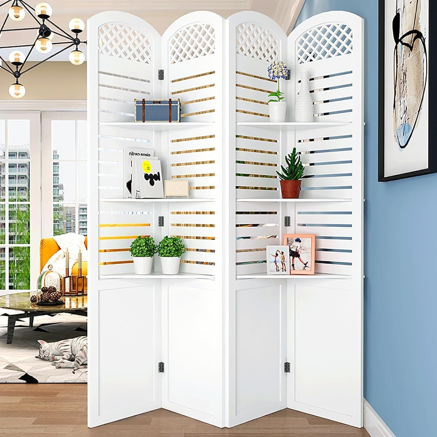 DECORE DAZE Wooden Divider Partition Versatile Privacy Screen for Living Room Room Divider (6 Feet 3 Shelves) for Living Room/Bedroom/Office/Restaurant (White) (6 Feet 4 Panel with 3 Shelves)-image-33