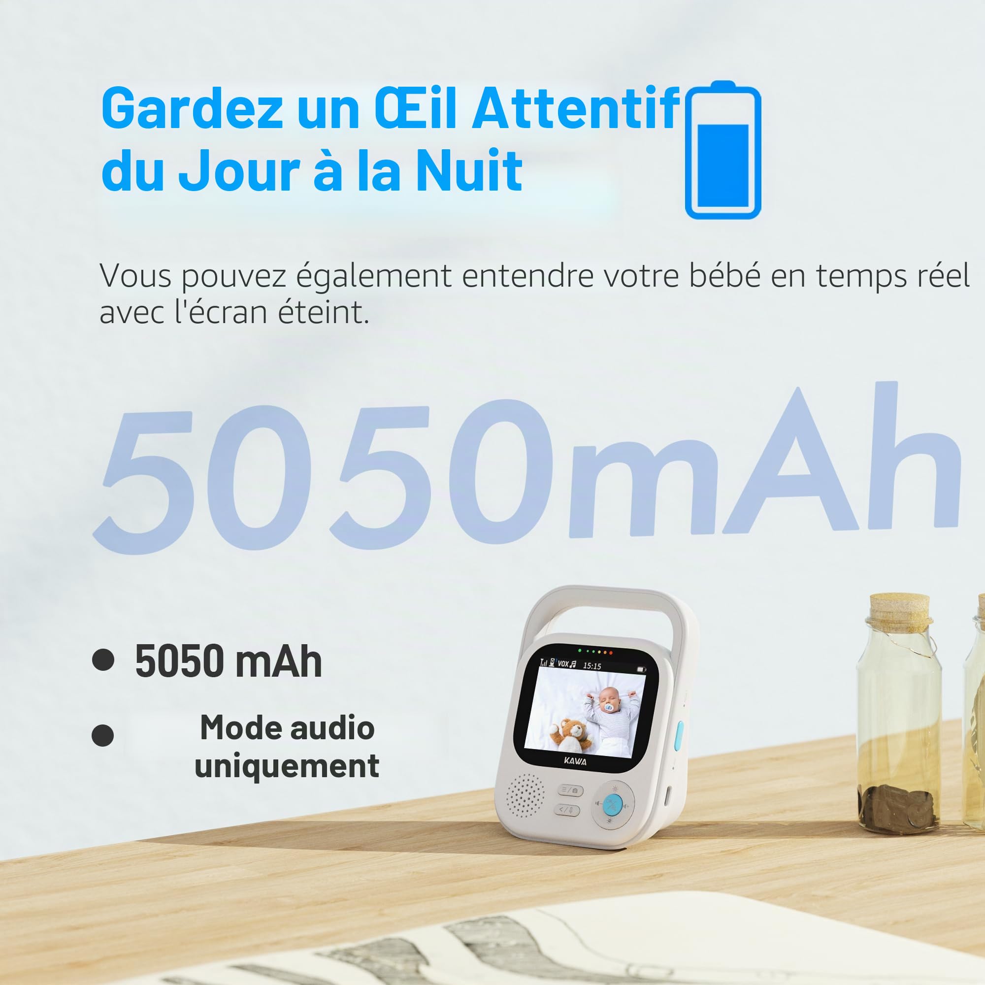KAWA Moniteur Vidéo pour Bébé Babyphone Écran HD 5" 720p, Conversation Bidirectionnelle, Vision Nocturne, Mode VOX, Moniteur De Température, Berceuses, Portée De Transmission De 1000 Pieds