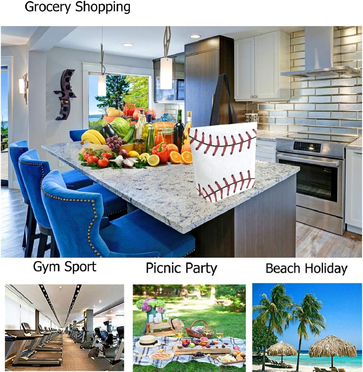 Chic Extra Large Shoulder Grocery Tote Bag, Chic Baseball Red Lace Canvas Reusable Handle Bags for Men Women Gym Weekender Picnic Beach Travel Home Storage Market Shopping - Image 4