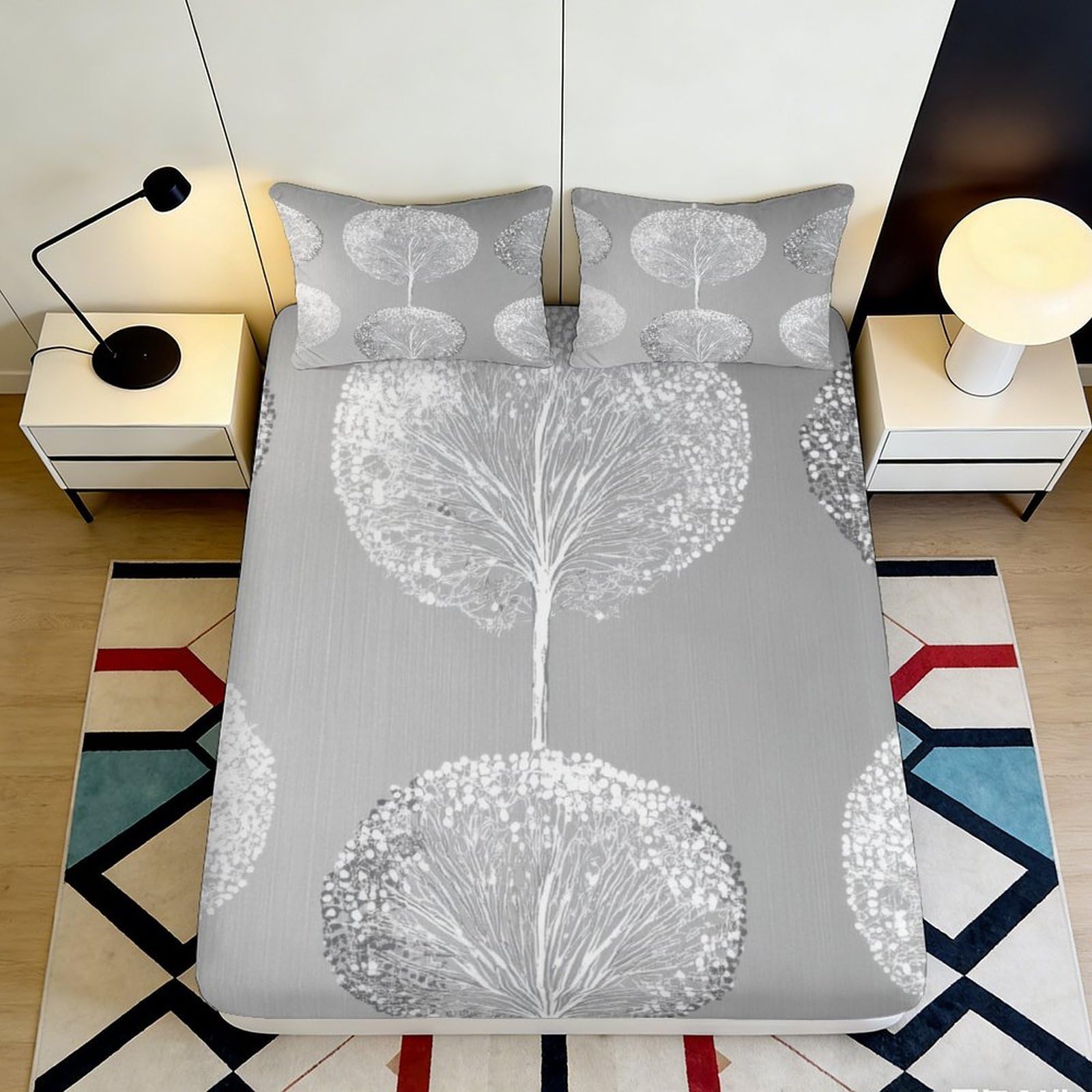 Jqzkxnhpbr Style-9 3D Printed Nordic Leaf Fitted Sheet Microfiber Grey Tree Mattress Cover For Bedroom Guest Room Easy Care 90X200x25cm
