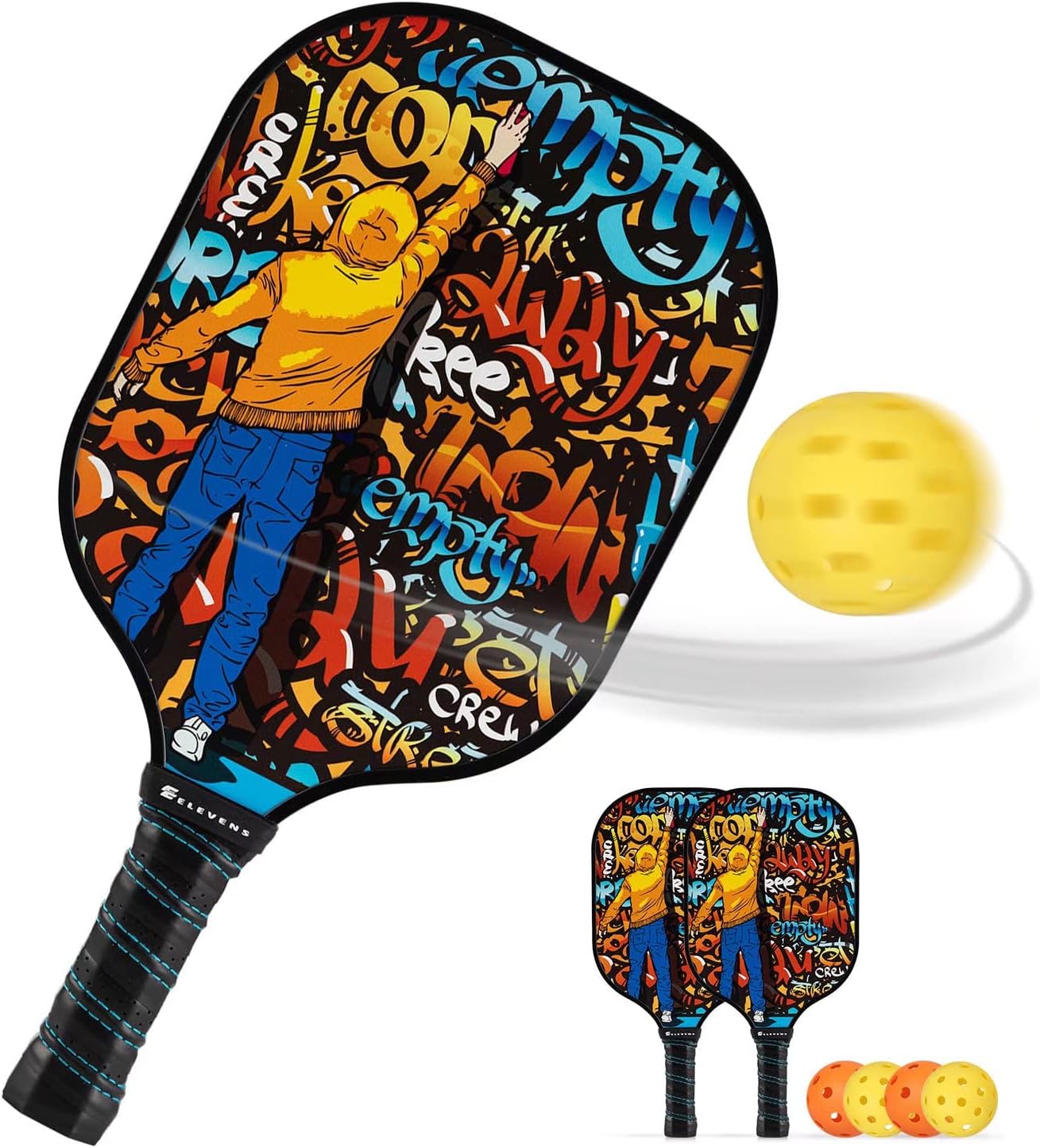 ElevensElevens Pickleball Paddles, Pickleball Paddle Set of 2/4, Fiberglass Surface, Polypropylene Honeycomb Core, Cushion Grip, 4 Balls and 1 Storage Bag for Men Women Kids Indoor Outdoor