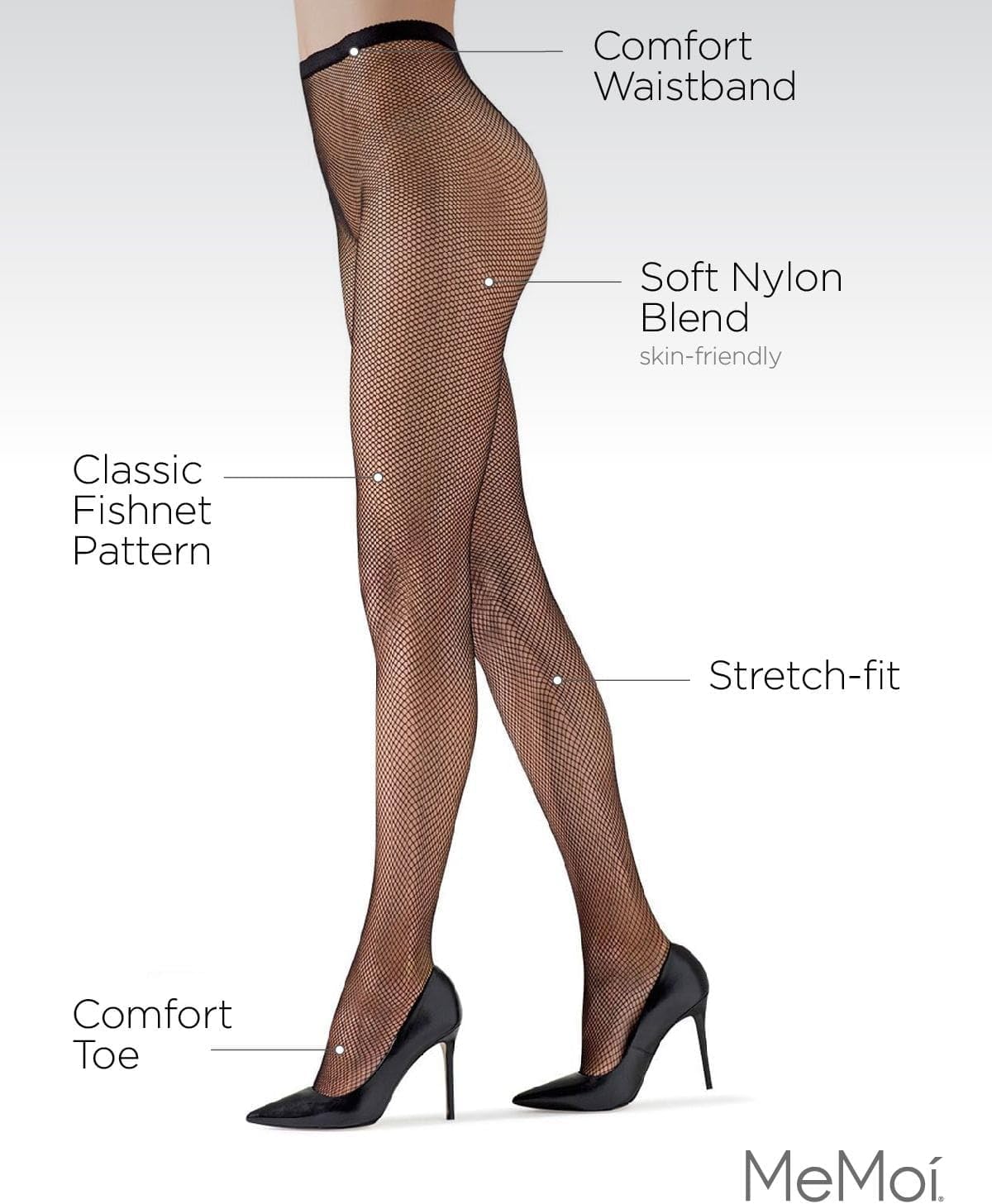 MeMoi Classic Fishnet Tights, Comfortable and Smooth Women's Nylon Control Top Tights