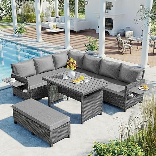 5-Piece Outdoor Patio Rattan Sofa Set, Sectional PE Wicker L-Shaped Garden Furniture Set with 2 Extendable Side Tables, Dining Table and Washable Covers for Backyard, Poolside, Indoor