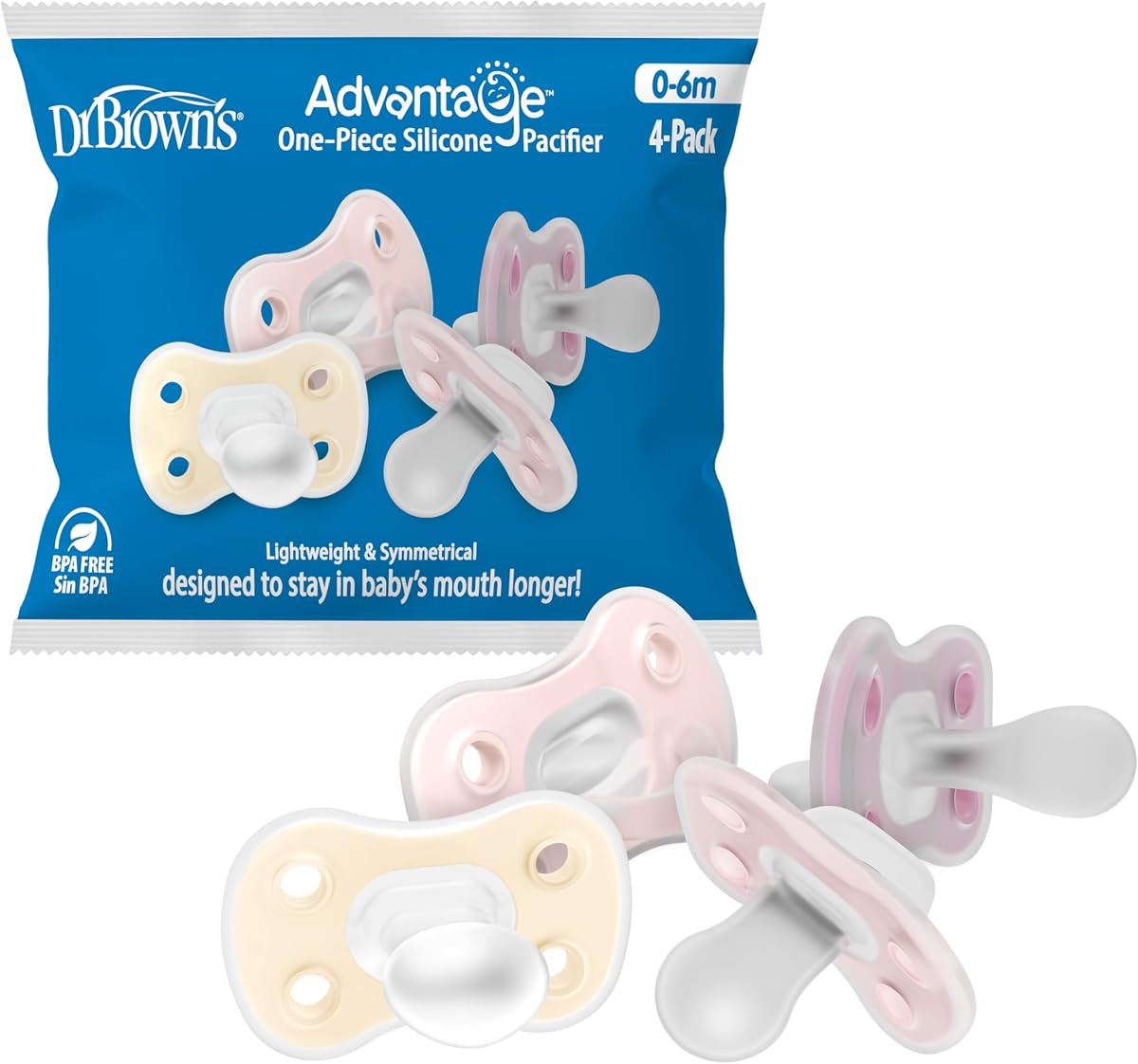 Chupete de silicona de una sola pieza Advantage, chupete totalmente simétrico, crudo/rosa claro/rosa, 0-6 meses, sin BPA, paquete de 4