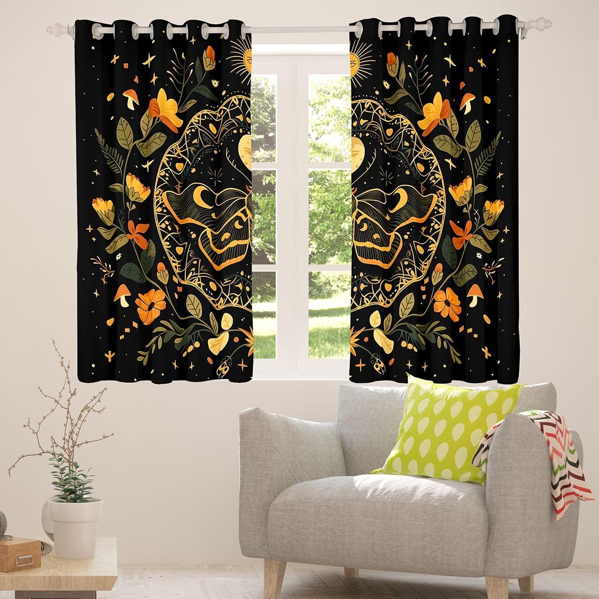 Castle Fairy Death Moth Floral Blackout Curtains Witchy Dark Boho Window Drapes Kids Teens Astrology Neutral Fantasy Window Treatments Grommet Top 2 Panel Set Curtains,38Wx45L Inch Black Orange