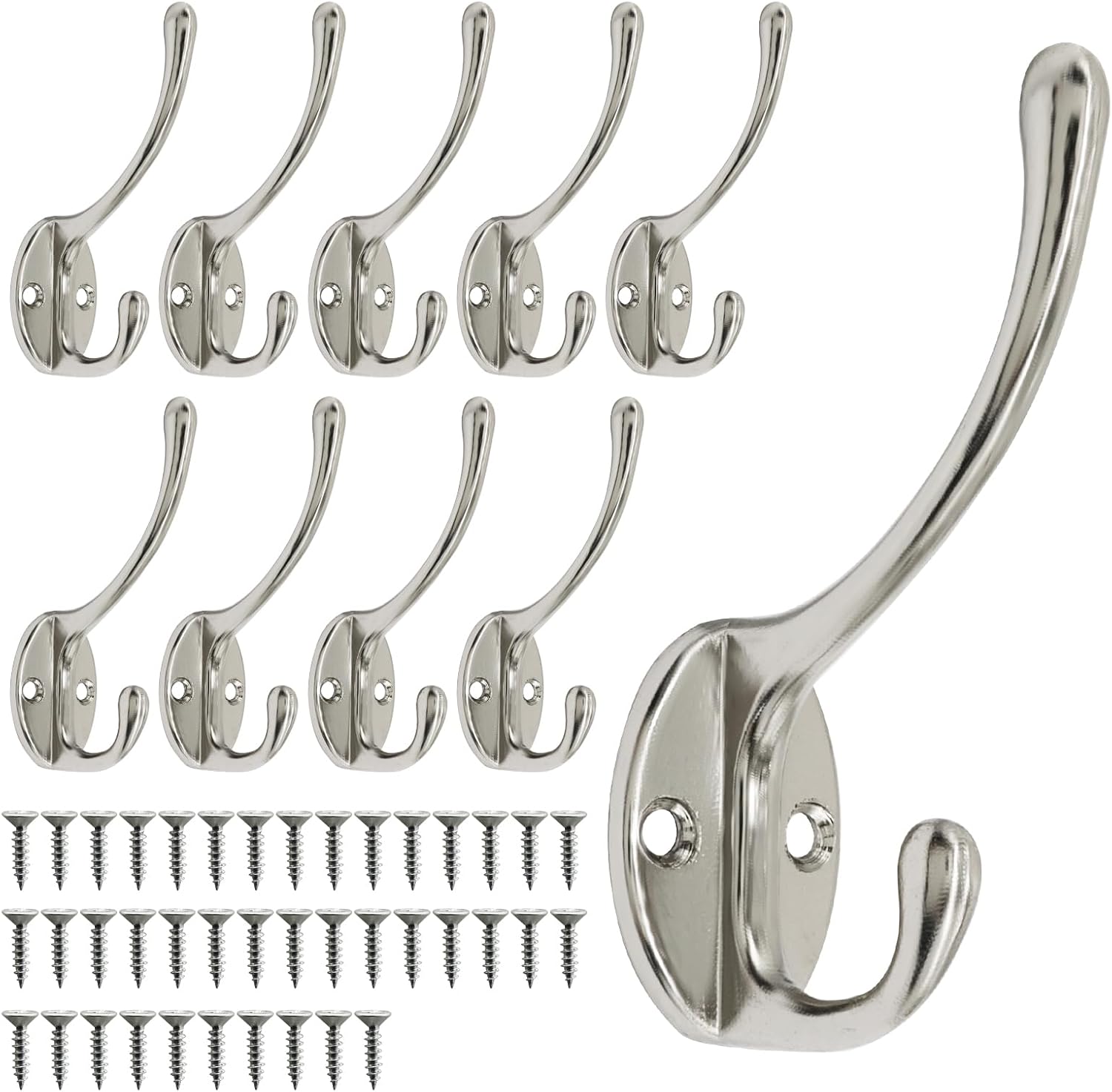 10 Pack Heavy Duty Coat Hooks Wall Mounted with 20 Screws - Sturdy Metal Double Hooks for Coat, Scarf, Bag, Hat, Key (White)